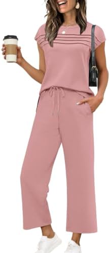 A soft blush pink knit set paired with a cap-sleeve top and breezy wide-leg cropped pants for easy summer packing.