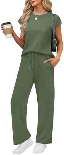 Breathable spacer knit shapes this breezy green two-piece set featuring cap sleeves and drapey wide-leg trousers.