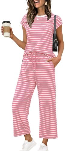 Brisk pink stripes line this airy two-piece set, cut with cap sleeves and cropped wide-leg pants for easy travel packing.