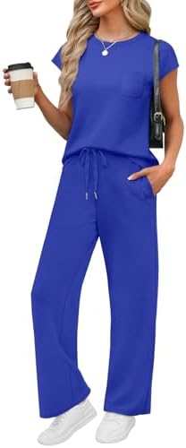 A vivid royal blue two-piece set cut in drapey spacer fabric, featuring a cap-sleeve crew top and easy wide-leg pants.
