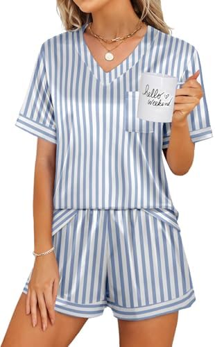 Cool blue stripes run down this silky satin lounge set, pairing a pocketed V-neck top with easy elastic shorts.