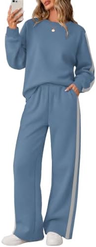 Brushed fleece in classic blue pairs a crewneck top with side-striped wide-leg pants for easy, soft lounge dressing.