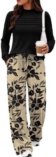 A soft mock neck top joins floral beige wide-leg pants for a matched two-piece set that packs light and travels smoothly.