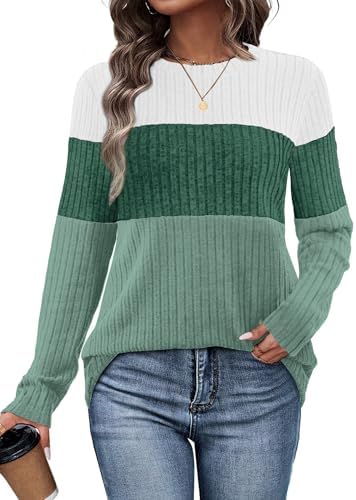 Bold color blocking in green and white defines this lightweight knit sweater, cut with full-length sleeves for easy layering.