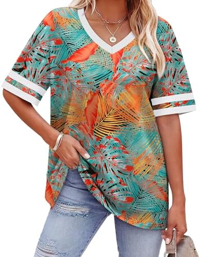Sporty striped sleeve bands meet sunny Hawaii orange and cool blue tones in a loose jersey tunic designed for warm days.
