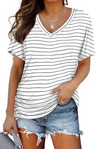 Fine grey stripes run across a soft dolman tee cut with gathered sides to keep the loose shape sitting right at the hips.