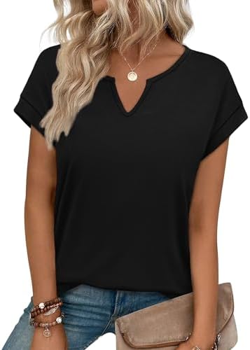 A neat V-neckline and trim cap sleeves give this black summer tee a clean finish for workdays or vacations.