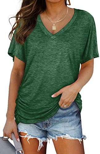 Dolman sleeves and soft side shirring give this green V-neck top an easy, relaxed drape that pairs with shorts or jeans.