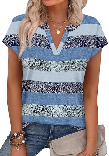 Subtle blue gray stripes give this notched v-neck tee a cool, understated look that pairs easily with white denim or summer linen.
