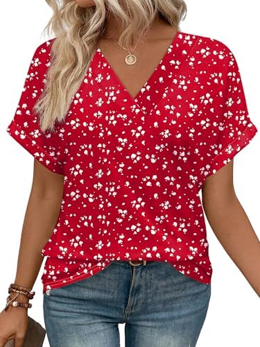 Polka dots across bright red bring a lively, classic look to this soft V-neck tee with rolled cuffs.