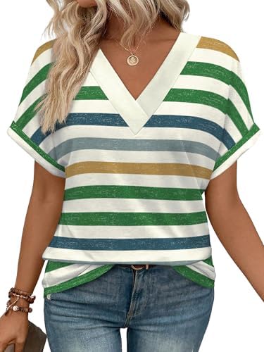 Crisp green stripes give this soft v-neck tee a fresh look for warm days, paired with neat rolled cuffs.