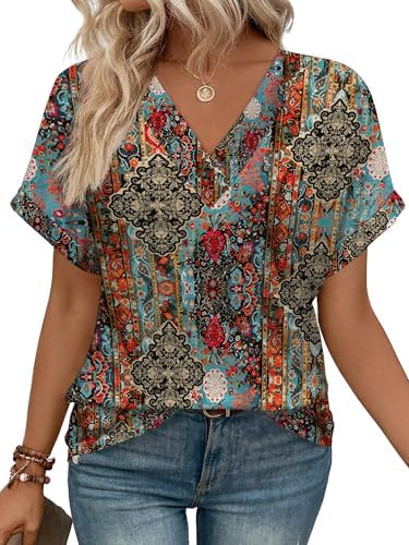 Warm earth tones and intricate vintage patterning give this airy v-neck tee an easy summer look.