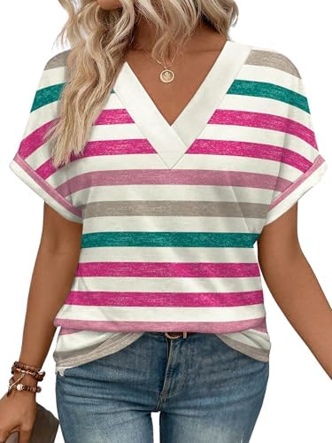 Crisp hot pink stripes bring bright color to this loose v-neck summer tee with fixed rolled cuffs.