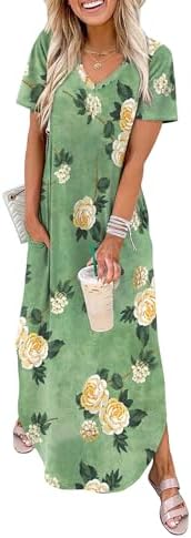 Bright yellow rose petals pop across this airy V-neck maxi dress, finished with short sleeves and a breezy side slit.