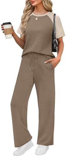 Rich coffee tones panel across this airy spacer-knit duo, matching a crewneck top with flowy wide-leg pants for easy packing.
