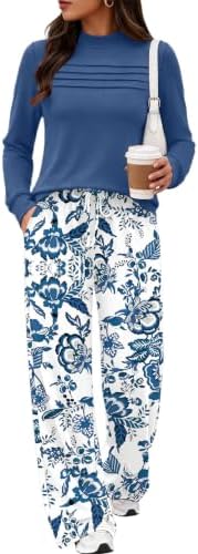Swirling blue tones give this matching set a distinct look with wide-leg printed trousers and a pleated mock-neck top.