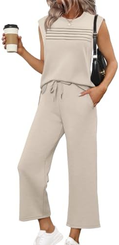Clean beige spacer knit shapes this breezy two-piece set, pairing a pleated cap-sleeve top with wide-leg cropped pants.