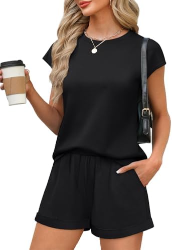 Cut in deep solid black, this two-piece set pairs a cap-sleeve tee with high-waisted shorts that pack small for travel.