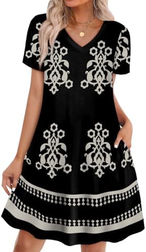 A breezy V-neck mini cut in a soft stretch knit, finished with practical side pockets and an intricate black ethnic print.