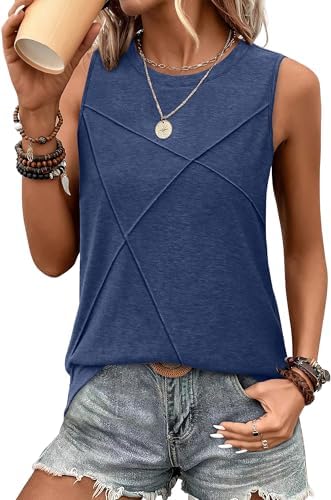 Subtle textured lines run down the front of this dark navy crewneck tank, cut in a longer length that stays tucked or layered.
