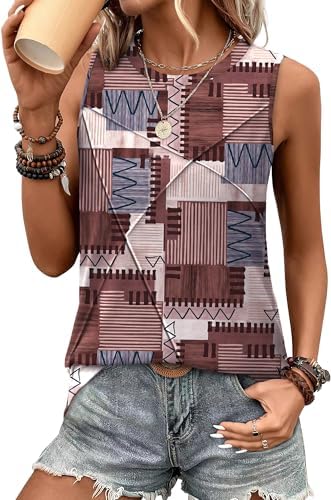 A longer crewneck tank in graphic plaid brown, detailed with textured front lines that add interest to an easy summer cut.