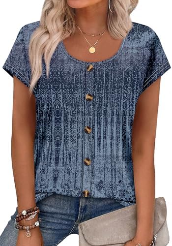 Deep navy grounds an intricate bohemian print on this easy cap sleeve tee, finished with decorative front buttons.