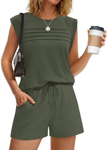 A soft sleeveless tank and drawstring shorts in earthy army green make an easy two-piece pairing for warm mornings outdoors.