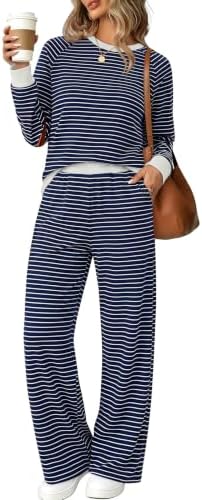 A soft brushed knit two-piece set in cool blue and neutral beige, cut with relaxed raglan sleeves and breezy wide-leg pants.