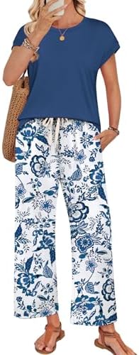 Swirling blue patterns across a breezy cap sleeve top and wide pants give this soft travel duo an easy, bright summer look.
