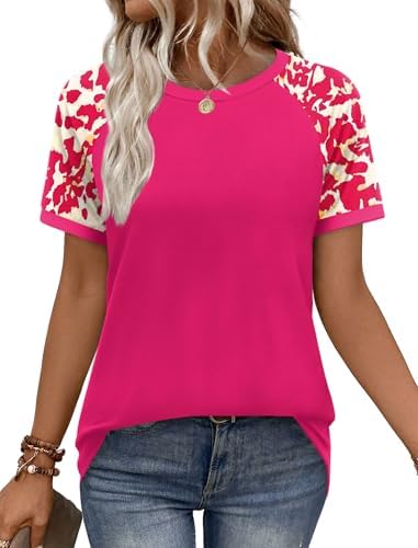 Soft pink body fabric meets spotted animal print along the raglan sleeves on this easy warm-weather crewneck tee.