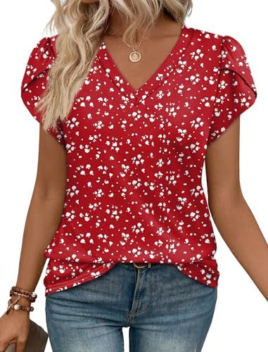 Crisp red polka dots scatter across this soft knit top, finished with overlapping petal sleeves and an open V-neckline.