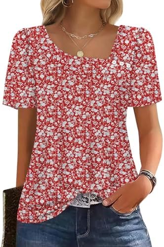A crisp red floral print livens up this square-neck summer top, cut with soft puff sleeves and decorative front buttons.