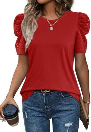 Bold crimson knit brings rich color to this soft summer top, shaped with gentle volume at the shoulders and a clean round neck.