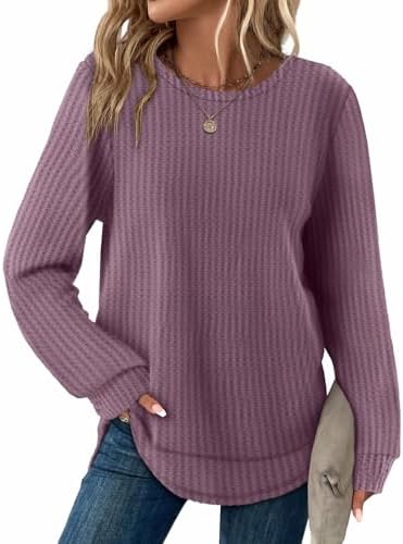 A lightweight waffle knit in muted lotus purple gives this long sleeve crewneck top an easy drape for crisp mornings.