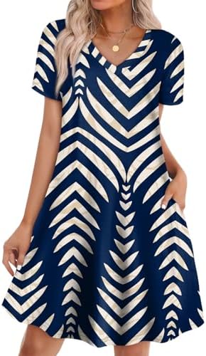 Our short-sleeve tshirt dress in navy print pairs an open V-neck with deep pockets and a breezy A-line cut.