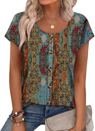 A vivid multicolored print brings bright energy to this lightweight summer tee finished with neat cap sleeves.