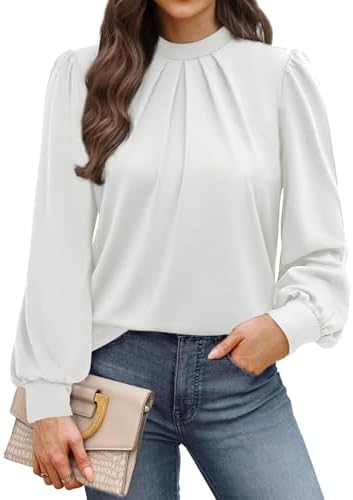 A crisp white mock-neck blouse with gentle front pleats and puffed long sleeves, cut in a light stretch knit.