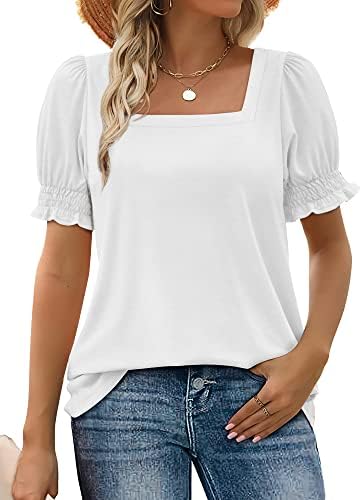Crisp white knit meets a wide square neckline and gathered puff sleeves for an easy top that pairs with blue denim or patterned skirts.
