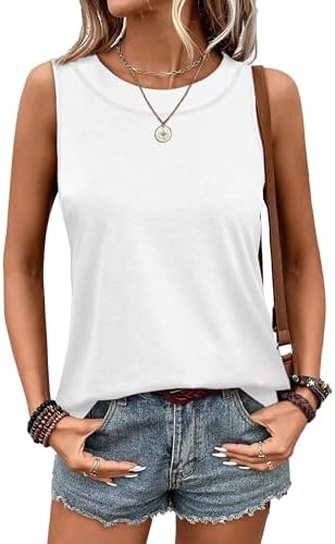 A crisp white tank with a gentle crew neck and a curved hem that sits easily over denim shorts or tailored trousers.