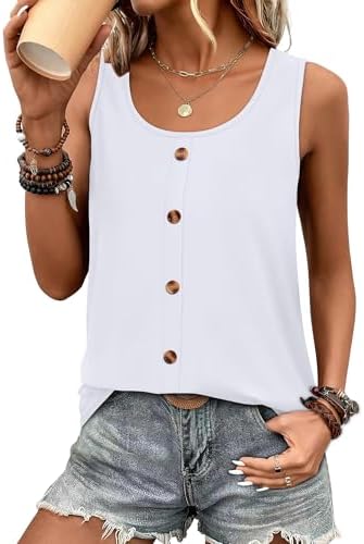 A crisp white sleeveless top cut with a hybrid square crew neckline and neat front buttons for breezy summer days.
