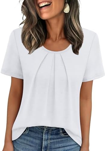 Crisp white jersey pairs with front pleats and a relaxed scoop neck for warm summer days.