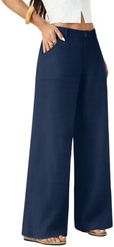 Deep navy woven trousers with a flowy wide-leg cut, front zip closure, and a hidden stretchy back waist for everyday comfort.