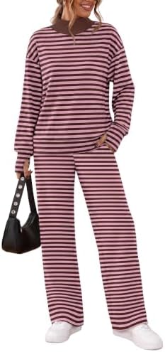 Clean pink stripes brighten this cozy two-piece lounge set, cut with a protective mock neck and wide-leg drawstring pants.