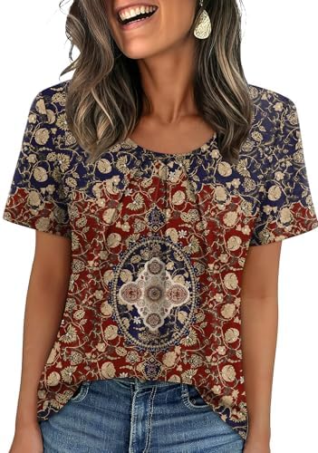 Pleated front detailing gives this loose scoop-neck blouse an easy drape in our Boho Print 06 pattern.