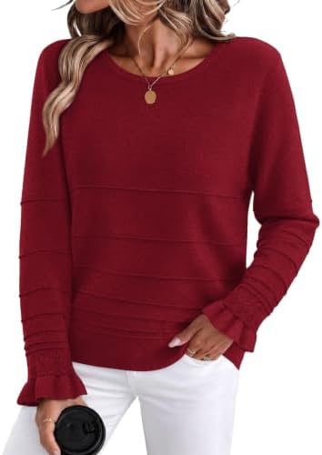 Fine gauge knit in vivid red pairs textured horizontal stripes with ruffled cuffs for cool mornings and holiday gatherings.