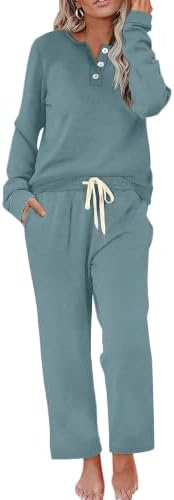 Muted blue gray tones ground this two-piece lounge set, blending a henley top with wide leg pants for easy days.