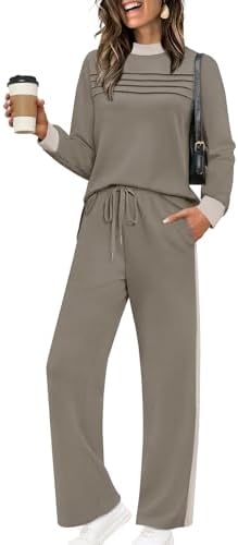 Airy spacer knit gives this coffee beige two-piece set a soft drape, pairing a long-sleeve slit top with cropped wide pants.