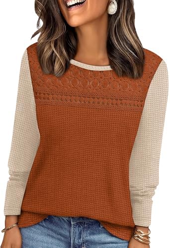A soft waffle knit top in caramel beige, finished with delicate crochet lace across the upper chest and long sleeves.