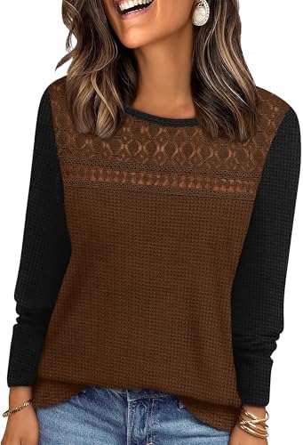 Delicate crochet lace bands the chest of this soft coffee black waffle top, cut with long sleeves and a loose, easy drape.