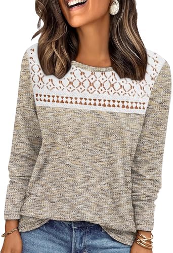 Textured waffle knit meets delicate crochet lace across the chest in this loose, relaxed long sleeve top in soft Fantasy Khaki.